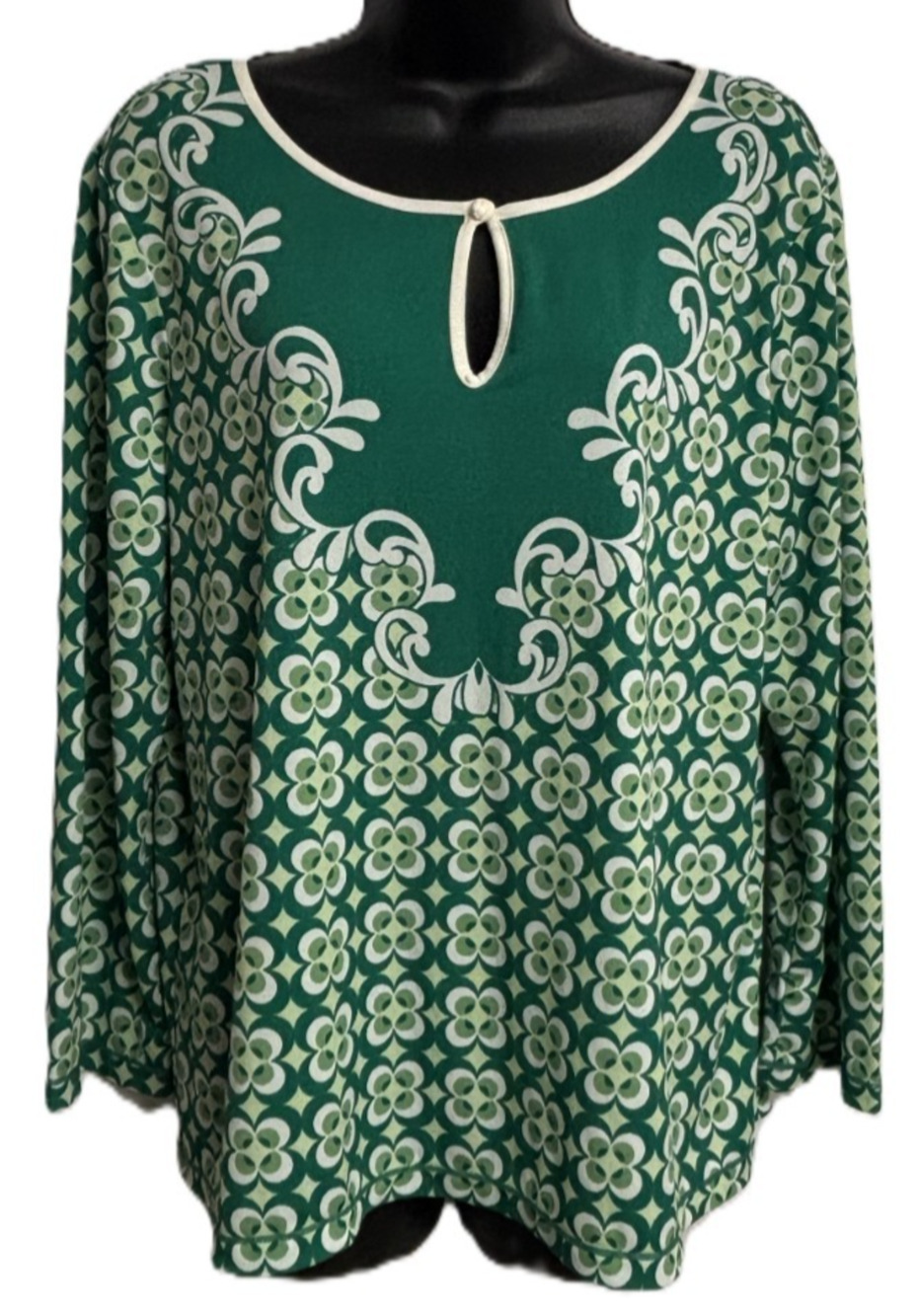 Studio M Keyhole Neck Blouse Womens L Green Geometric Stretch 3/4 Sleeve Top NEW